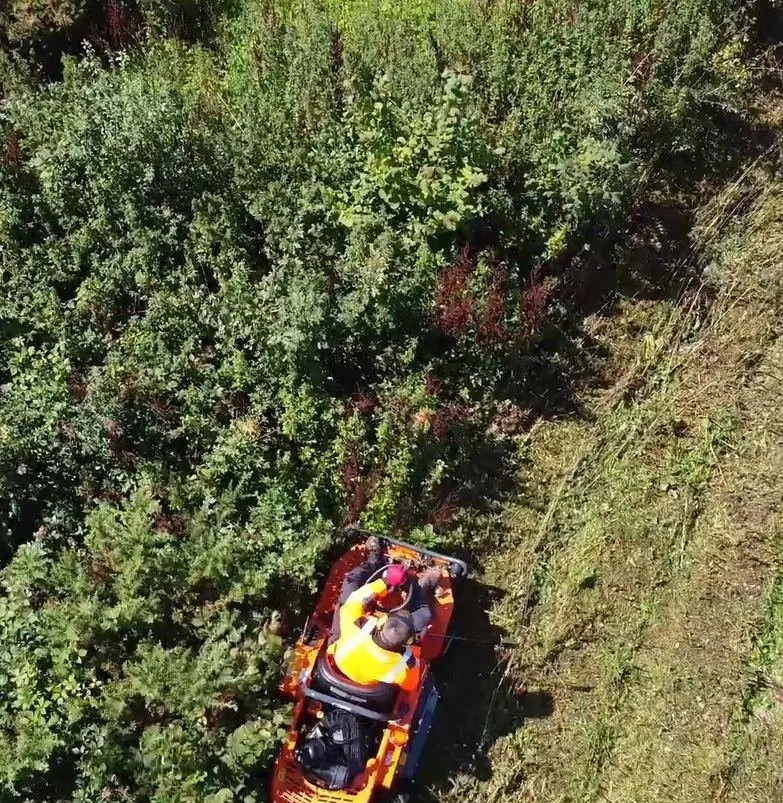 Aerial view of the 4x4 flail mower clearing a hedge line