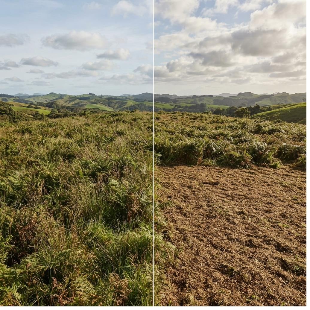 Overgrown hillside block before and after clearing