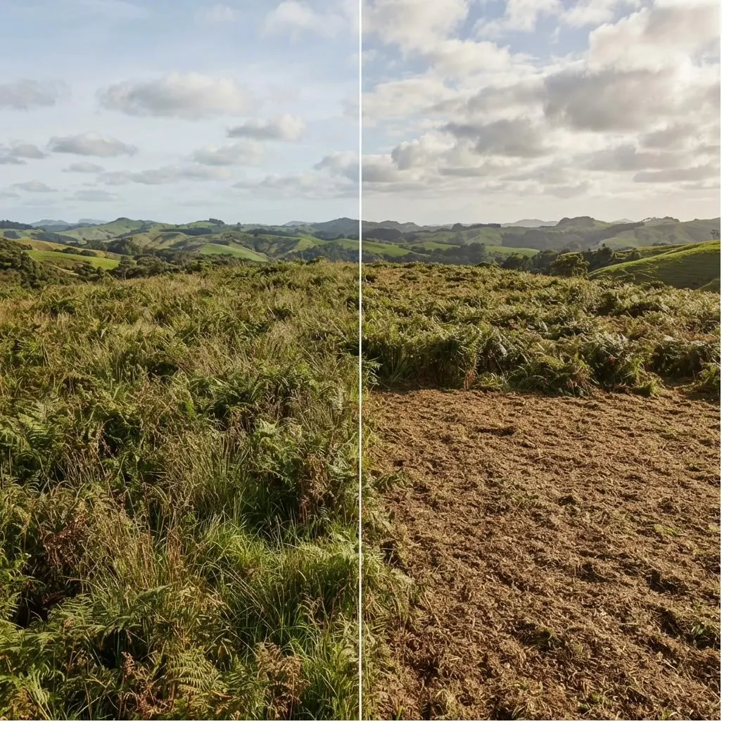 Land clearing: an overgrown hillside block before and after
