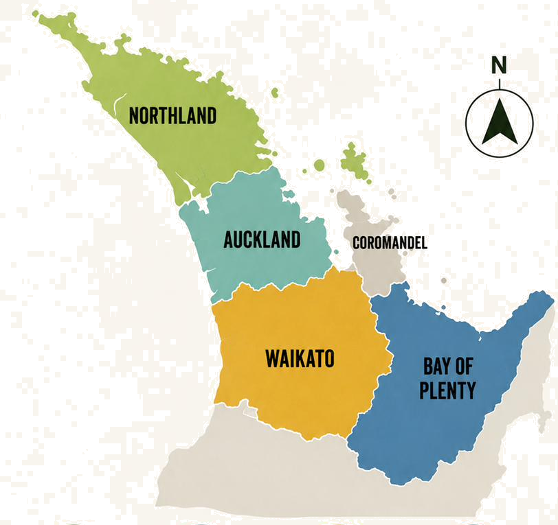 Map of Overgrown Mowing service area covering Northland, Auckland, Waikato and Bay of Plenty