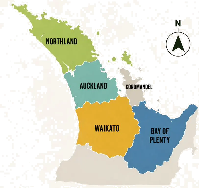 Contact Overgrown Mowing across Northland, Auckland, Waikato and Bay of Plenty: service area map