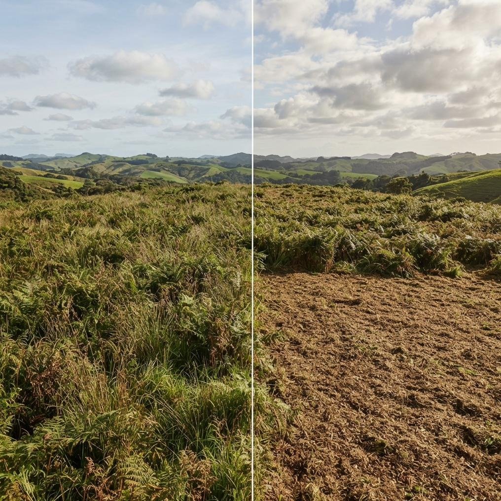 Steep fern-covered slope before and after clearing