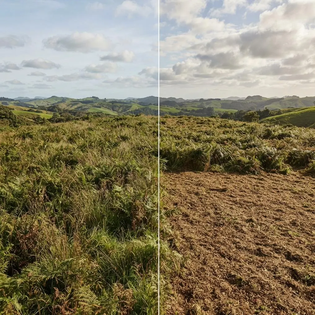 Steep slope mowing: a fern-covered slope before and after clearing