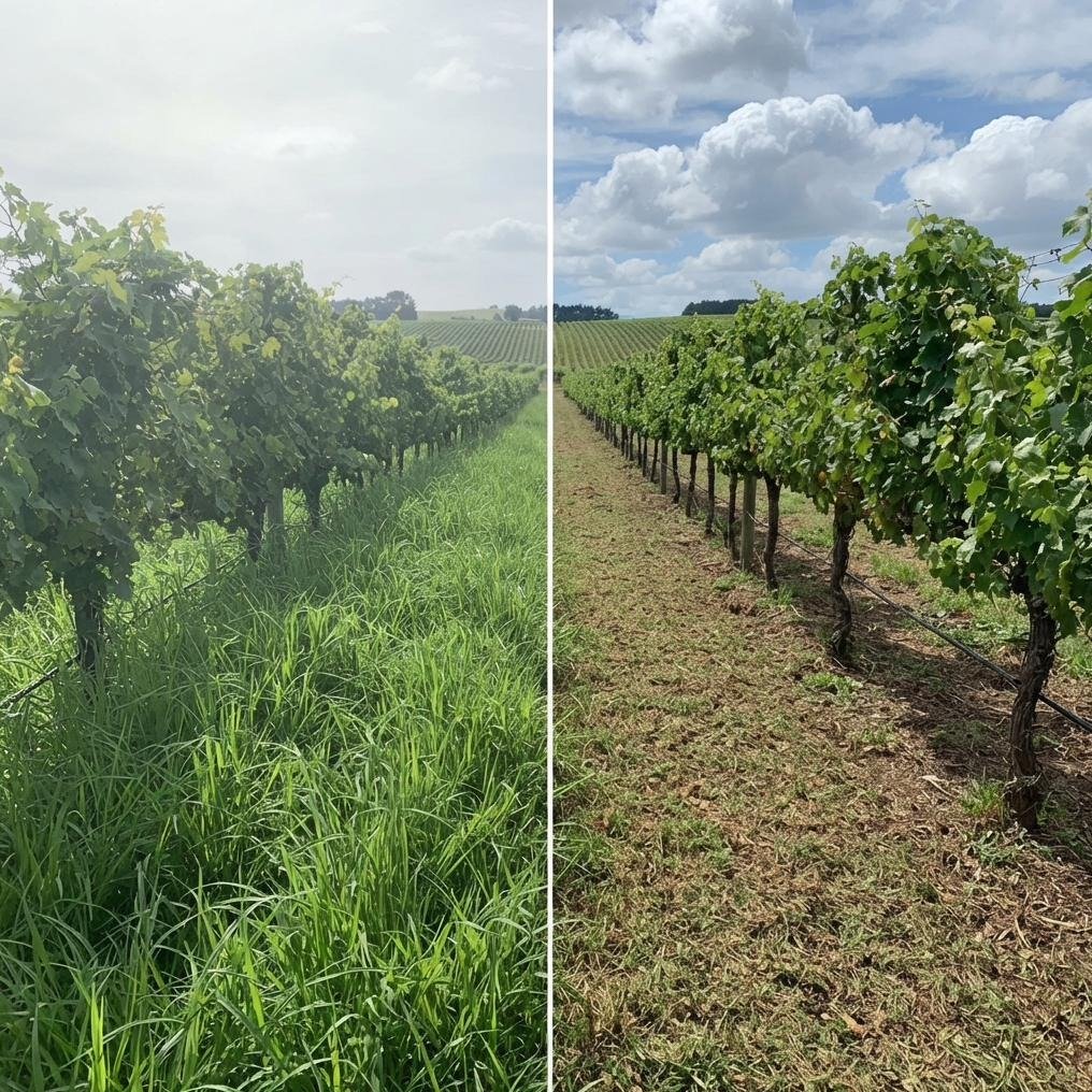 Vineyard row before and after mowing